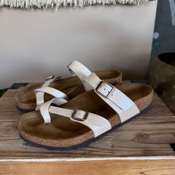 Birkenstock Mayari Graceful Pearl Irredescent Vegan Criss Cross Thong Sandal - Picture 1 of 14